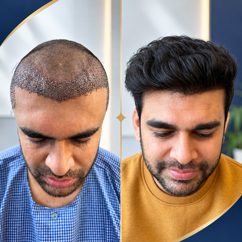Split frame of one patient: the implanted grafts on the day of the procedure beside the grown-in result
